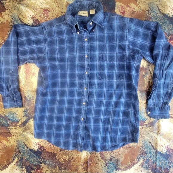 LL Bean Women's Original Flannel Navy Blue Plaid Long Sleeve Medium - Picture 9 of 11